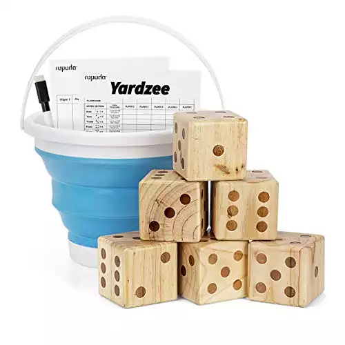 ROPODA Giant Wooden Yard Dice Set for Outdoor Fun, Barbeque, Party Events, Backyard Games, Lawn Games Includes 6 Dice, Collapsible Bucket, Score Cards & Dry Erase Marker