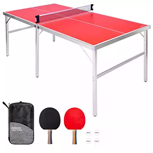 GoSports 6 x 3feet Mid-Size Indoor / Outdoor Portable Table Tennis Table with Net, 2 Table Tennis Paddles and 4 Balls, Red