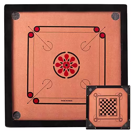 Carrom Board & Checkers Set - Includes 11 Black & 11 Brown Carrom Men Game Pieces, 2 Red Queens, 1 Acrylic Disc & Carrying Case