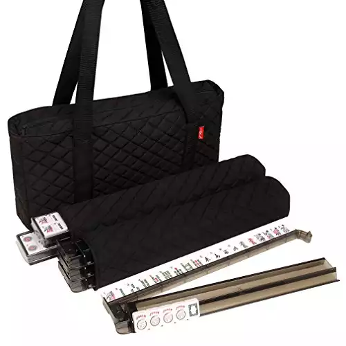 American Mah Jongg Set by Linda Li - Black Quilted Soft Bag - 166 White Engraved Tiles, 4 All-In-One Rack/Pushers