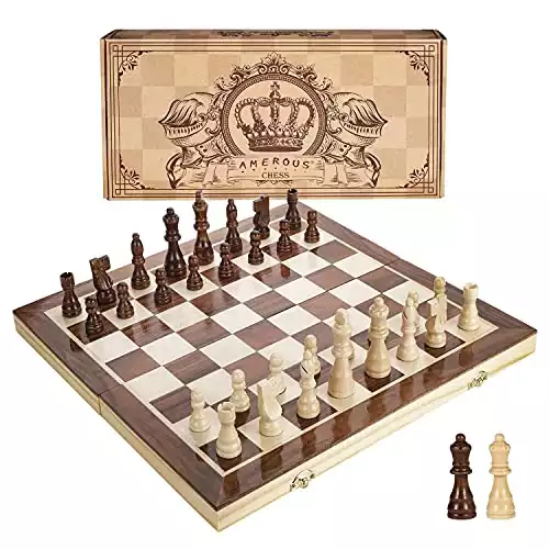Amerous 15 Inches Magnetic Wooden Chess Set - 2 Extra Queens - Folding Board, Handmade Portable Travel Chess Board Game Sets with Game Pieces Storage Slots