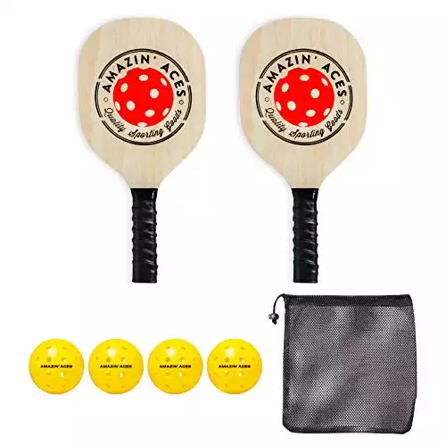 Amazin' Aces Pickleball Wood 2-Paddle Set - Pickleball Paddle Set Includes 2 Wood Pickleball Paddles, 4 Pickleballs, 1 Mesh Carry Bag, and 1 Quality Box