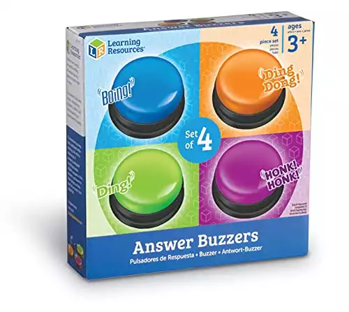 Learning Resources Answer Buzzers, Set of 4 Assorted Colored Buzzers, Game Show Buzzers, 3-1/2in, Multicolor, Ages 3+