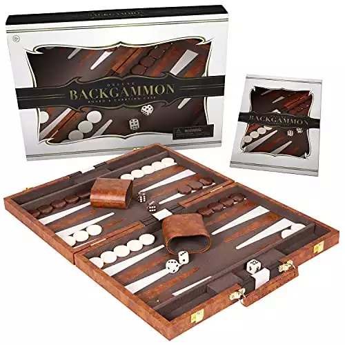 Crazy Games Backgammon Set – Classic Medium Brown 15 Inch Backgammon Sets for Adults Board Game with Premium Leather Case