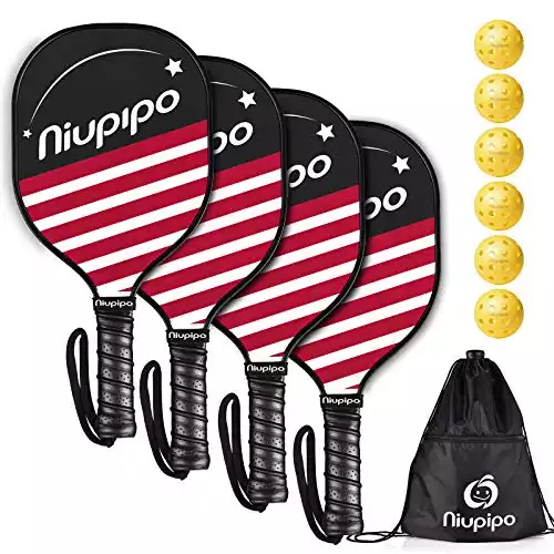niupipo Pickleball Paddles, Pickleball Set 4 Paddles with 6 Balls and 1 Carry Bag, 7-ply Basswood Wood Pickleball Paddles, Cushioned Grip