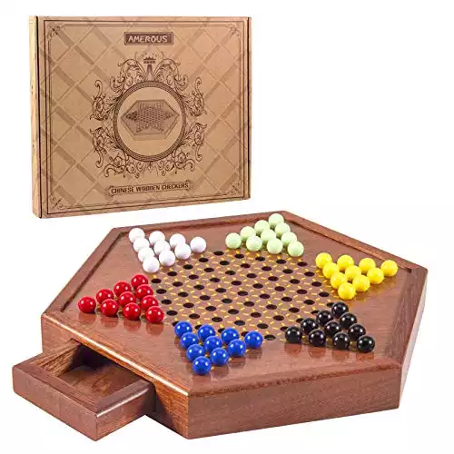AMEROUS 12.5 inches Wooden Chinese Checkers Set with Storage Drawer – 60 Acrylic Marbles in 6 Colors