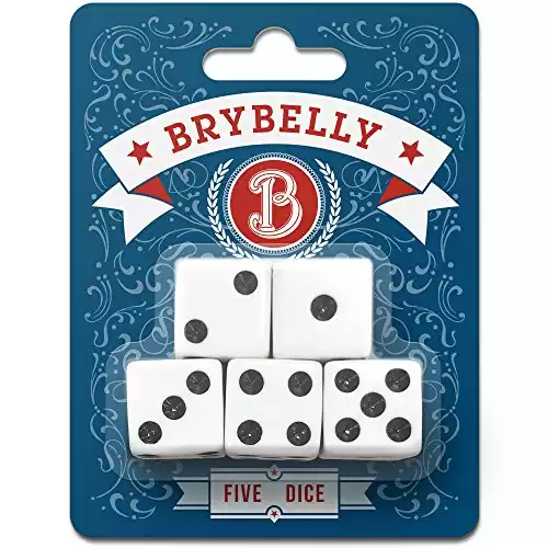 Classic White Game Dice for Playing Board Games and Card Games, 5-Pack Set - 16mm Regular Pipped Six-Sided Dice by Brybelly