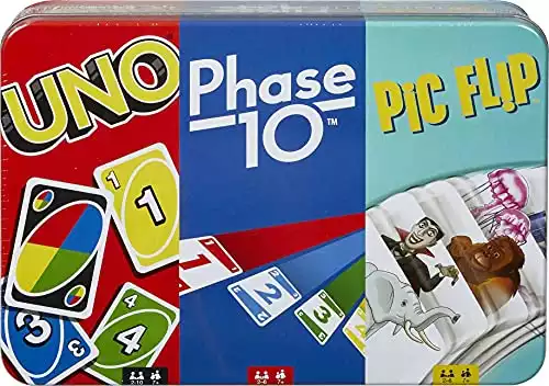 UNO, Phase 10 and Pic Flip Bundle Tin
