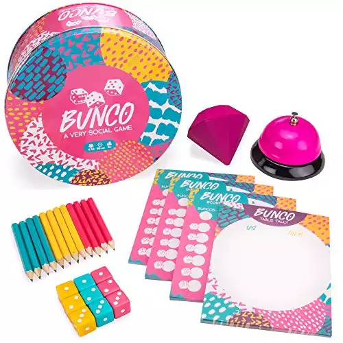 Bunco: A Very Social Game – 12-Player Party Dice Game Includes Dice, Scorecards, Pencils, Bell, & Squishy Traveling Jewel