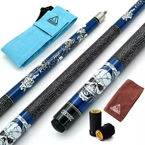 CUESOUL 57 inch 19oz 1/2 Maple Pool Cue Stick Kit- Rock The World Stylish Pattern Cue Design in Blue Paint