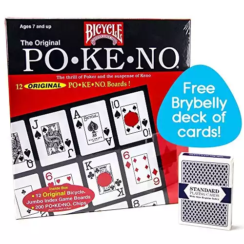 Bicycle Po-Ke-No (Pokeno) Card Game Set | 12 Player Cards, Playing Board, Chips 200 Po-Ke-No, 2 Bicycle Decks of Playing Cards Red and Blue, with an Extra Deck of Brybelly Playing Cards, Red