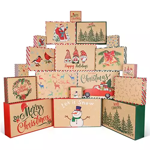 Giiffu 18 Kraft Christmas Gift Boxes with Lids, 12 Designs and 4 Sizes with Gift Tag Stickers