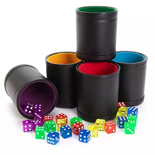 Professional Shaker Cups | Leather with Velvet Felt-Lined Interior | 5 Multicolor Lined Cups and 25 Multicolor Dice Set
